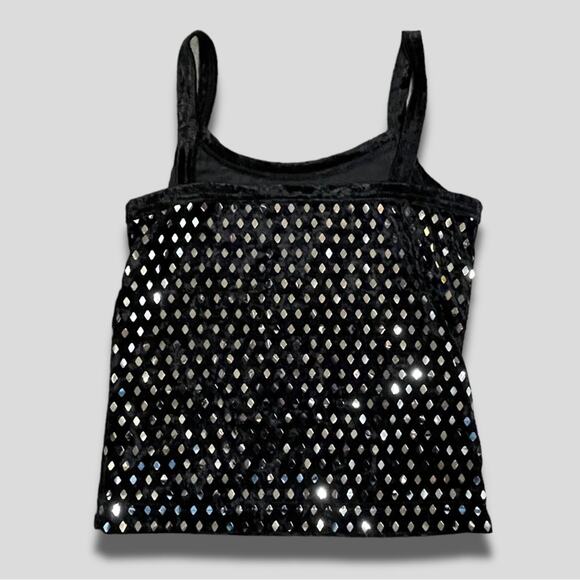 GLAMOUR CHICK VINTAGE VELOUR DIAMOND MIRROR TANK TOP BLACK SILVER SMALL - Picture 2 of 5